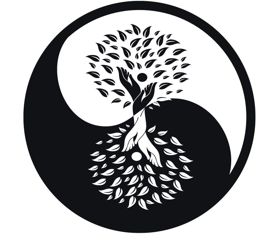A black and white yin yang symbol with hands crossing inside, stylized as tree trunks, with leaves sprouting from the fingertips.