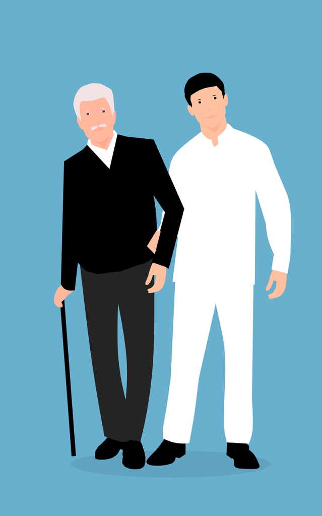 A vector image of an orderly wearing white assisting a man wearing black and walking with a cane against a blue background.