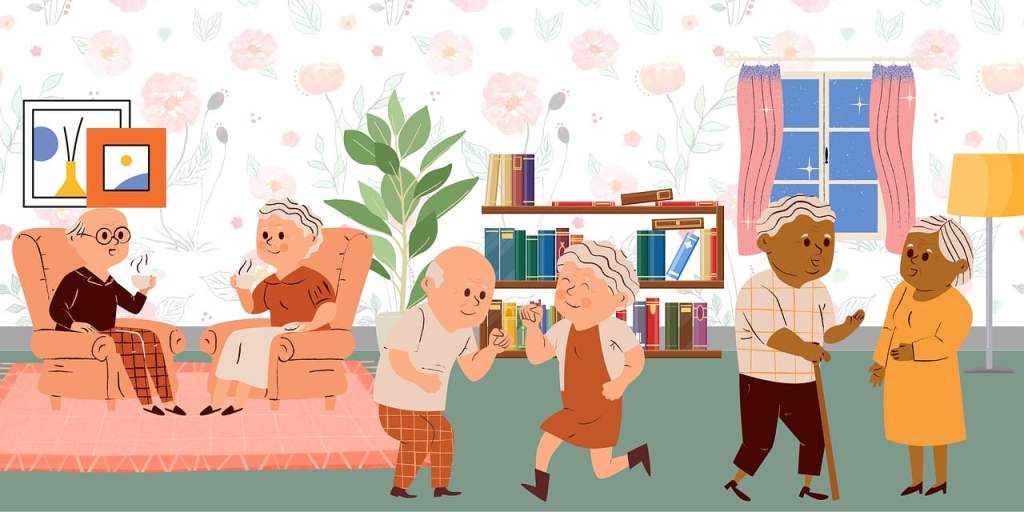 Illustration of three senior couples drinking coffee, dancing, and talking.